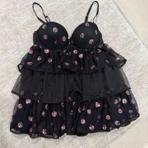 Victoria's Secret Black Sheer Mesh Babydoll with Pink Trim